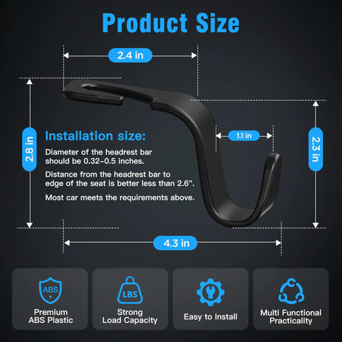 Amooca 4-pack black car seat headrest hooks; S-type hanger for handbags, purses, coats; premium ABS plastic.