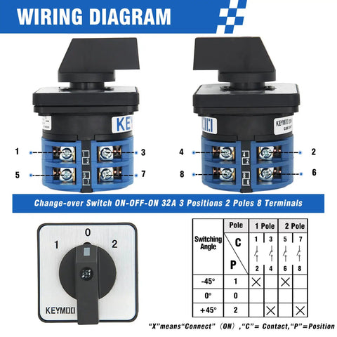 Heavy Duty 32A Rotary Changeover Switch 660V Three Position Two Phase With Eight Terminals, IP65 Rated Universal Selector Switch