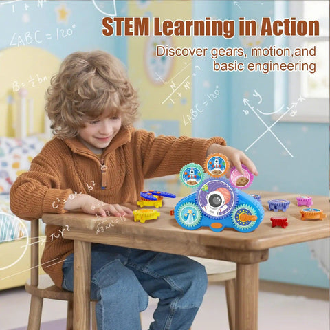 Child playing with Space Capsule STEM Gear Toy Set For Kids 3 Plus 18 Colorful Gears Dual Electric And Manual Modes Hands On Toy