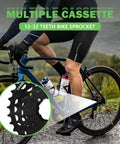 Cyclist with 7 Speed CS-HG200 Bicycle Cassette 12-32T Sprocket for Mountain Bikes displayed, highlighting anti chain drop design.
