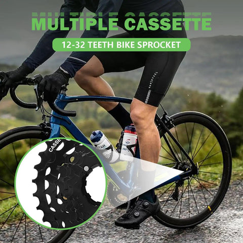Cyclist with 7 Speed CS-HG200 Bicycle Cassette 12-32T Sprocket for Mountain Bikes displayed, highlighting anti chain drop design.