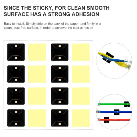 Image of 100 Pack Self Adhesive Cable Clips Heavy Duty Black Plastic Cord Management Brackets with adhesive pads for cable organization.