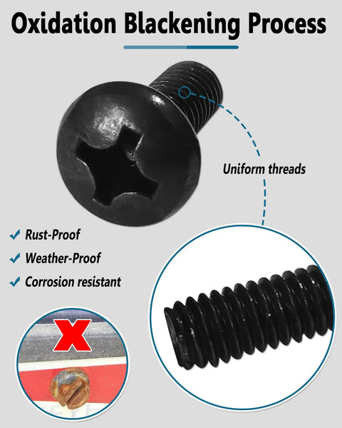 Close-up of Black Stainless Steel License Plate Bolts Kit for Cars, showing rustproof Phillips head screw details.