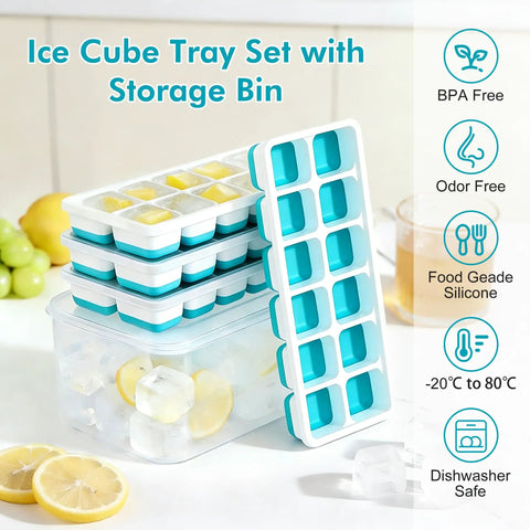 Stackable Silicone Ice Cube Trays With Leakproof Lids And Compact Storage Container Four Pack Bpa Free Flexible Molds For Easy Peasy Cocktails And Iced Coffee
