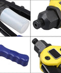 13 Inch Manual Blind Rivet Gun Kit With 210 Rivets In Five Sizes 2.4mm To 6.4mm For A Heavy Duty Workhorse Riveting At Home Or On The Job Easy To Use And Durable. close-up of rivet gun handles, nozzle, and head in yellow, blue, and black