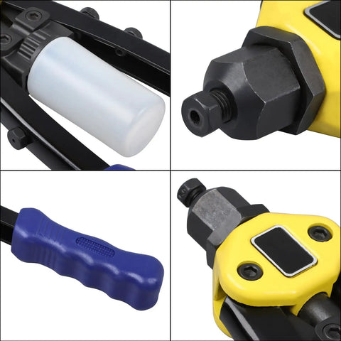 13 Inch Manual Blind Rivet Gun Kit With 210 Rivets In Five Sizes 2.4mm To 6.4mm For A Heavy Duty Workhorse Riveting At Home Or On The Job Easy To Use And Durable. close-up of rivet gun handles, nozzle, and head in yellow, blue, and black