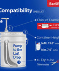 Hella Heavy Duty Gallon Pump Dispenser With 38 400 Thread shows compatibility checklist for closure diameter and container height.