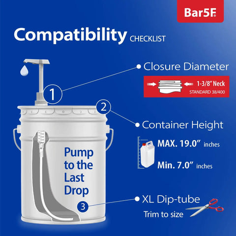 Hella Heavy Duty Gallon Pump Dispenser With 38 400 Thread shows compatibility checklist for closure diameter and container height.