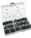 180 Piece Metric M6 Black Pa66 Nylon Phillips Pan Head Screw Assortment Kit With Hex Nuts And Flat Washers organized in clear case.