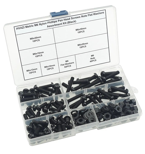 180 Piece Metric M6 Black Pa66 Nylon Phillips Pan Head Screw Assortment Kit With Hex Nuts And Flat Washers organized in clear case.