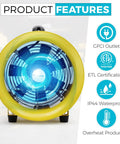 Front view of 8 Inch Industrial Air Mover Blower With Up To 1893 CFM 380W Pro Grade High Velocity Fan with yellow housing