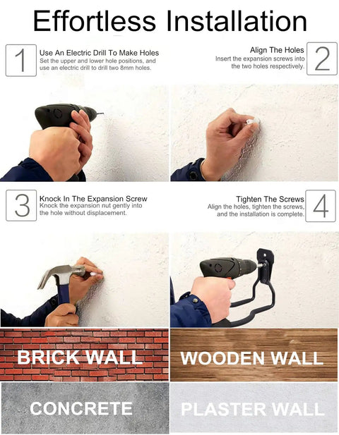 Effortless installation guide for Heavy Duty Steel Weed Eater Wall Mount Hook on various wall types including brick and wood.