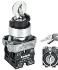 Rugged Seven Eighths Inch 3-Position Key Switch With DPDT 2NO, 10 Amp 690V, Latching Maintained, 22mm Panel Mount, shown with keys