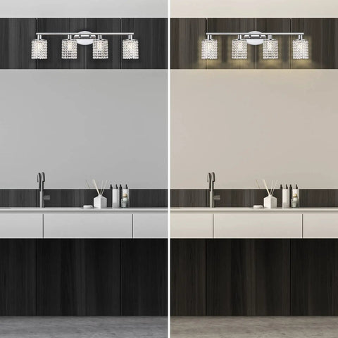 Five Light Vanity Light Over Mirror With Crystal Accents In Golden Bronze Finish Durable Metal Fixture Flaunting Shimmering Crystal Strands Glam Gold Bathroom Lighting For Your Mirror, mounted above a bathroom sink.