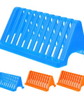 Triangular Microscope Slide Drying Rack 4 Pack Chemical Resistant Plastic Lab Equipment Holder in blue and orange.