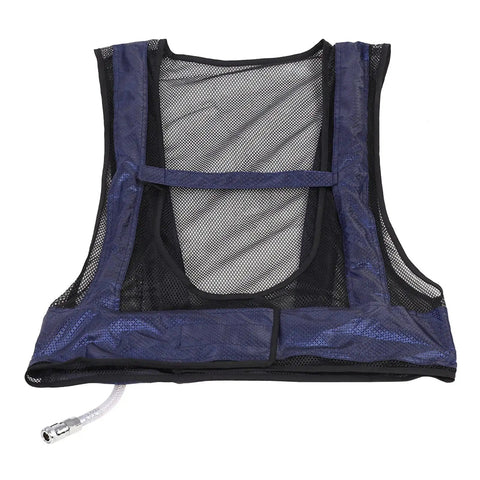 Beat The Blazing Heat On Rough Industrial Job Sites With This Adjustable Compressed Air Cooling Vest Delivering Serious Chill For Welders And Heavy Duty Crews, showing a blue mesh vest with air hose.