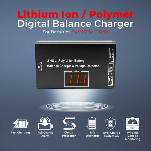 Versatile LiPo Balance Charger with Wireless Voltage Meter for 7.4V 11.1V and 14.8V Batteries, on display with features text.