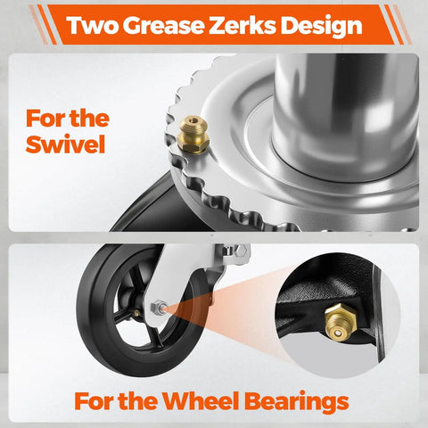 Close-up of Two Grease Zerks Design on Set Of Four 8 Inch Workhorse Scaffolding Wheels With 1 3/8 Inch Solid Stem.