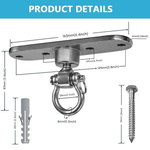 Beefy Heavy Duty Swing Hanger With 180 And 360 Degree Bearings, hardware shown with detailed dimensions