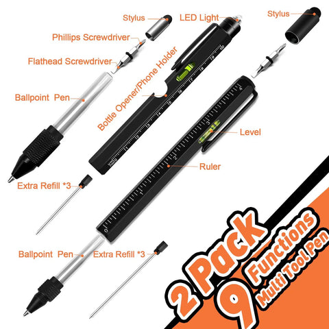 9 In 1 Multitool Pen Set For Dad And Husband, Dope Gadget Gift For Fathers Day From Daughter Or Wife, Handy DIY Tools, Anniversary And Birthday Gift For Men with stylus, LED, ruler, and screwdriver functions.