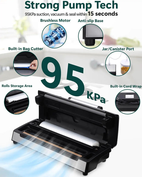 Heavy Duty Vacuum Sealer Machine With Eight In One Functions for Dry and Moist Food Preservation, 95kPa pump features displayed