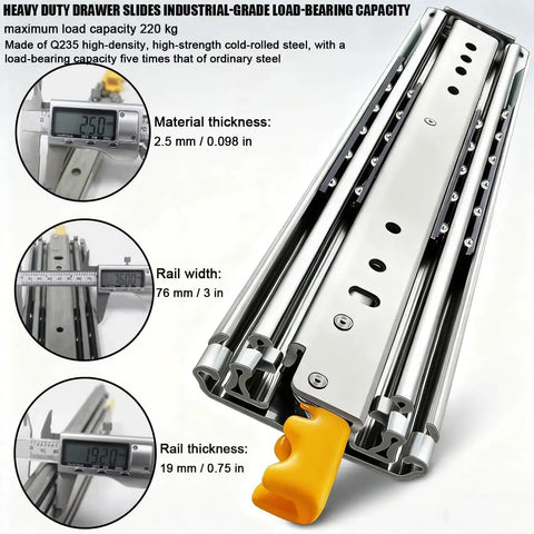 Beefy Heavy Duty 250 Lbs Drawer Slides With Full Extension 52 Inch Side Mount Rails, detailed view with measurements and lock