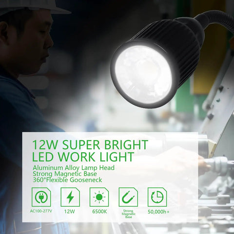 Heavy Duty LED Magnetic Work Light With Rock Solid Kickass Magnet Grip And Flexible Gooseneck IP65 Waterproof 9 Watt 900 Lumen Sweet Workshop Pick For Mill Lathe Drill Press Projects on workbench with magnetic base.