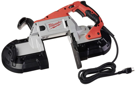 11 Amp Deep Cut Band Saw With Case For Precise Metal And Wood Cutting, power tool with black and red handles, coiled cord visible