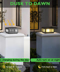 Front view of Solar Post Lights 9.84 Inch Pillar Lamps IP54 Waterproof Modern Column Lighting Dusk To Dawn 3000K LED Square Lanterns on a pillar.