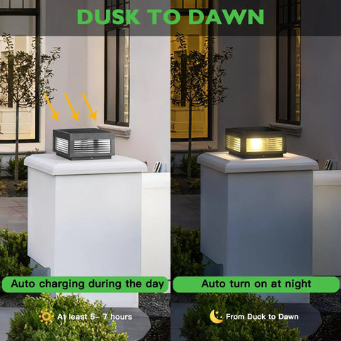Front view of Solar Post Lights 9.84 Inch Pillar Lamps IP54 Waterproof Modern Column Lighting Dusk To Dawn 3000K LED Square Lanterns on a pillar.