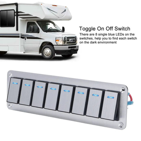 8 Gang Rocker Switch Panel With Blue LED Backlight And Voltmeter, Aluminum Alloy Prewired Toggle Switches for RV