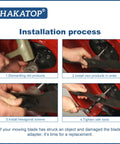 Installation process for Straight Up Built Tough Lawn Mower Blade Adapter Kit for MTD Riders, showing steps to replace and secure a new blade.