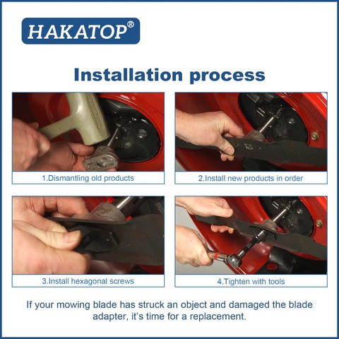 Installation process for Straight Up Built Tough Lawn Mower Blade Adapter Kit for MTD Riders, showing steps to replace and secure a new blade.