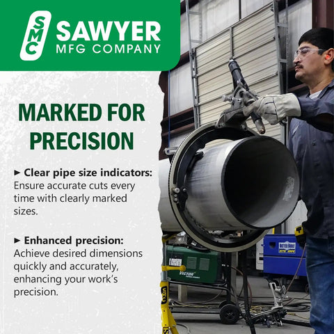 Heavy Duty Pipe Beveling Machine Featuring Quick Set Cutting Heads And A Rugged Hinged Saddle that locks on large steel pipes.