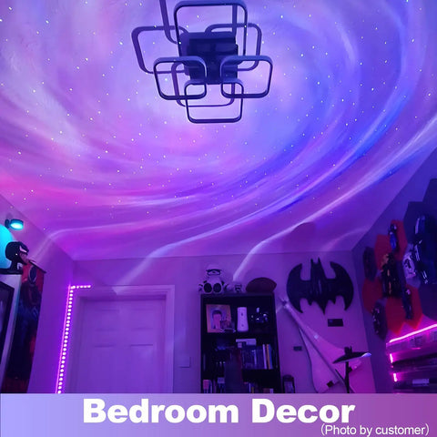 Immersive Galaxy Projector With Nebula Shapes And Large Coverage Area illuminating a cosmic ambiance in a trendy bedroom