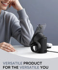 Person using 3 In 1 Wireless Charging Station For Apple Gear With MagSafe Stand, Qi2 15W Fast Charging, Auto Rotating Dock, Black