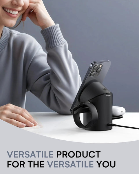 Person using 3 In 1 Wireless Charging Station For Apple Gear With MagSafe Stand, Qi2 15W Fast Charging, Auto Rotating Dock, Black