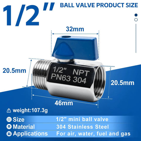 Detailed image of 1/2 inch NPT mini ball valve, 304 stainless steel, showing dimensions and specifications for tight quarter plumbing.