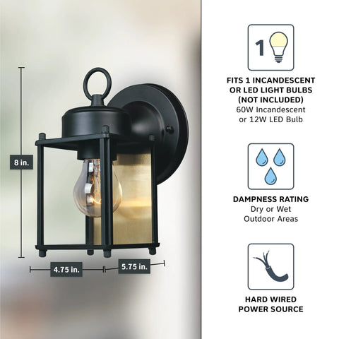 8 Inch Outdoor Wall Lantern Sconce In Black Finish For Front Door Patio And Porch Exterior Light Fixture With Classic Design.