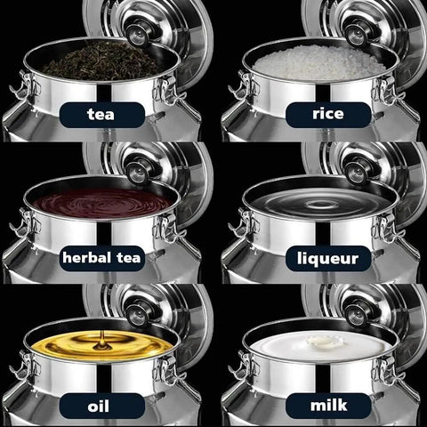 Heavy Duty 304 Stainless Steel Storage Totes With Lock Tight Lids big volume multipurpose food canister showing tea, rice, oil, and more.