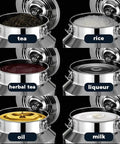 Kick Your Pantry Game Up With This Badass 304 Stainless Steel Milk Can Storage Container Featuring A Secure Tight Lid And Drip Free Spigot Tap Perfect For Bulk Rice Flour Sugar Coffee Beans At Full 16.9 Gallon Capacity - Various contents like tea, rice, herbal tea, liqueur, oil, and milk.
