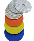 6 Inch Wet Diamond Polishing Pads 7 Step Set With Flexible Velcro Backing 3mm Thick Heavy Duty Pro Grade Discs For Marble Granite Concrete Stone Quartz Slate Tiles Terrazzo Engineered Stone, stacked showing grit levels 50 to 200