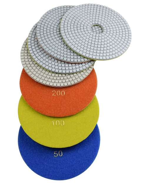 6 Inch Wet Diamond Polishing Pads 7 Step Set With Flexible Velcro Backing 3mm Thick Heavy Duty Pro Grade Discs For Marble Granite Concrete Stone Quartz Slate Tiles Terrazzo Engineered Stone, stacked showing grit levels 50 to 200