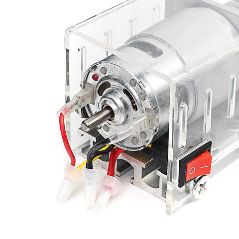 No Sweat Compact Miniature Lathe And Bead Polishing Machine With Powerful 100W Motor showcasing transparent motor housing and wiring.