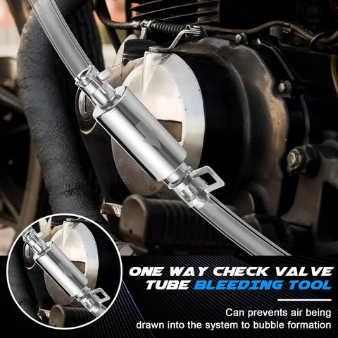 Hydraulic Brake Bleed Kit For Cars And Bikes With 100ml Syringe 50cm Hose And One Way Check Valve Bleeding Tool shown installed.