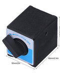 Heavy Duty Magnetic Base Kit With Switch Type 60Kg Pull showing on-off switch and dimensions on black block