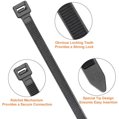 Heavy Duty 8 Inch Cable Ties 120 Lb Tensile Strength, close-up of self-locking nylon zip tie features and details.