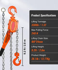 Heavy Duty Manual Lever Hoist 1.5 Ton 3300 Lbs with orange hook, 10 ft chain, carbon steel, ideal for heavy lifting.