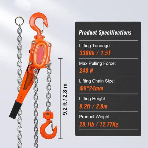 Heavy Duty Manual Lever Hoist 1.5 Ton 3300 Lbs with orange hook, 10 ft chain, carbon steel, ideal for heavy lifting.