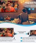 Diagram showing HDMI Wireless Transmitter and Receiver 4K Extender No Lag for Laptop PS5 TV Box Blu Ray DVD to Monitor Projector HDTV 165 Feet Live Streaming Audio Video for Home Theater setup process with images of a family on a couch and animated film on TV.